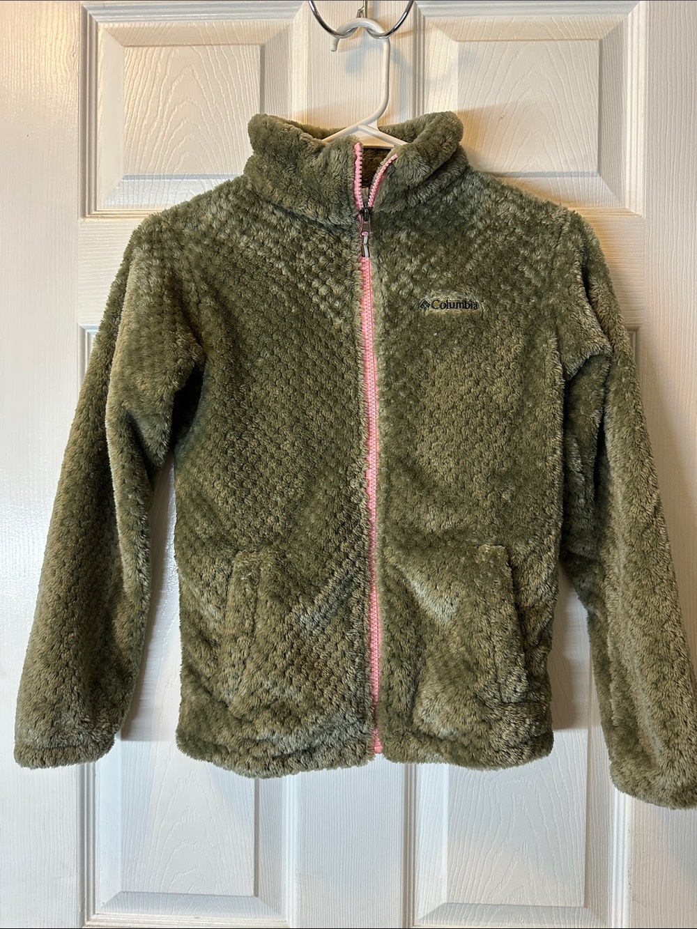 Columbia Olive Green Fuzzy Full-Zip Jacket with Pink Trim